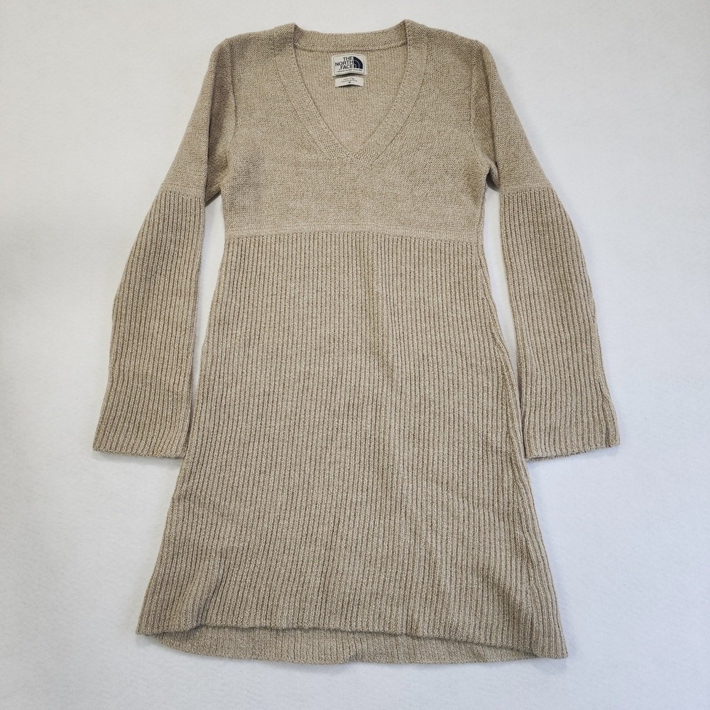 The North Face Sweater Dress Womens Medium Tan Ribbed Knit Classic Warm V-Neck